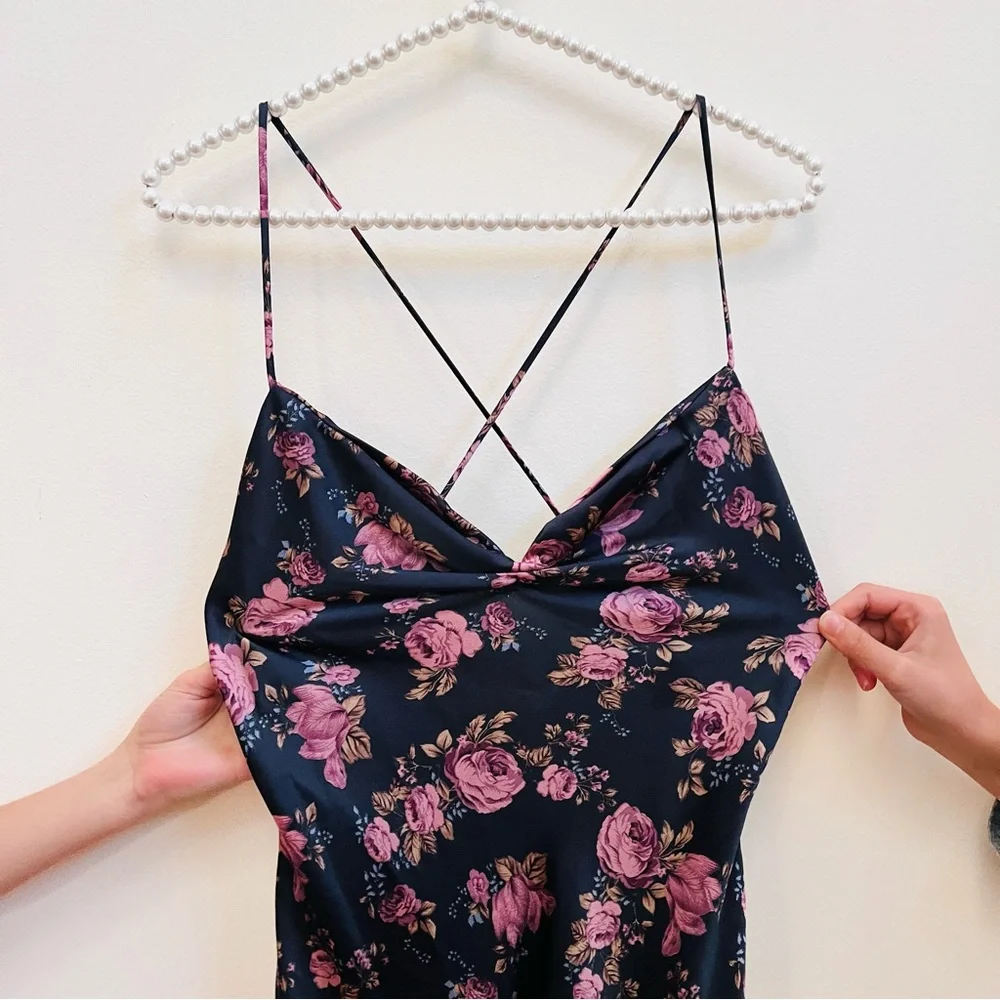 Astr the Label Gaia Navy Floral Satin Midi Dress